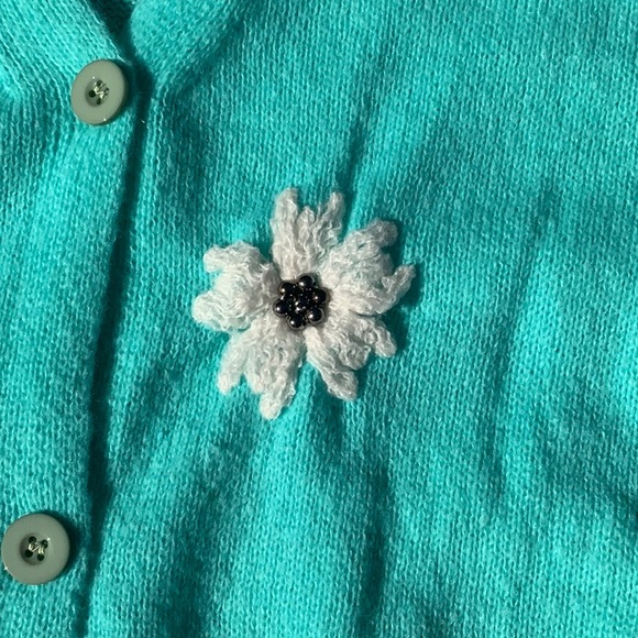 TEAL FLOWER EMBROIDERED WITH BEADS CARDIGAN SWEATER, SIZE LARGE - Picture 4 of 10